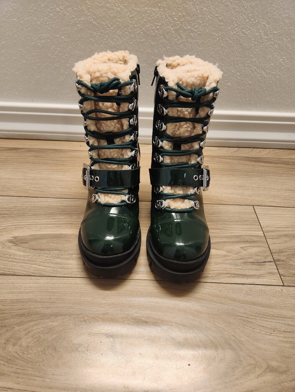 Jeffery Campbell Dark Green "Checked" Platform Combat Boots Size 8 - Picture 9 of 10